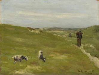Meadow with Farmer and Grazing Goats